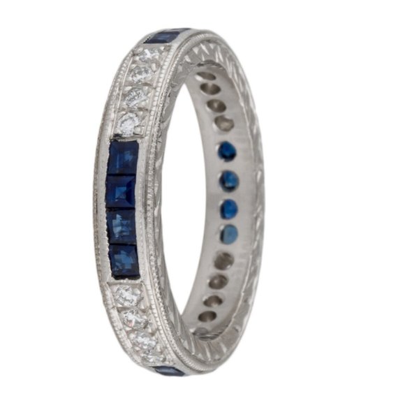 PLATINUM SAPPHIRE & DIAMOND ETERNITY BAND RING - Picture 5 of 8